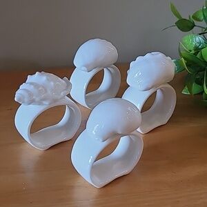 VINTAGE White Bone China Seashell Motif Napkin Rings, Set of 4